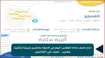 إنذار أصفر لحالة الطقس اليوم في الأمواه والعرين وبيشة وتثليث وطريب.. تعرف على التفاصيل